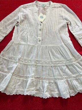 DIA Light Beige Tiered Eyelet Tunic Dress Women's Small 100% Cotton